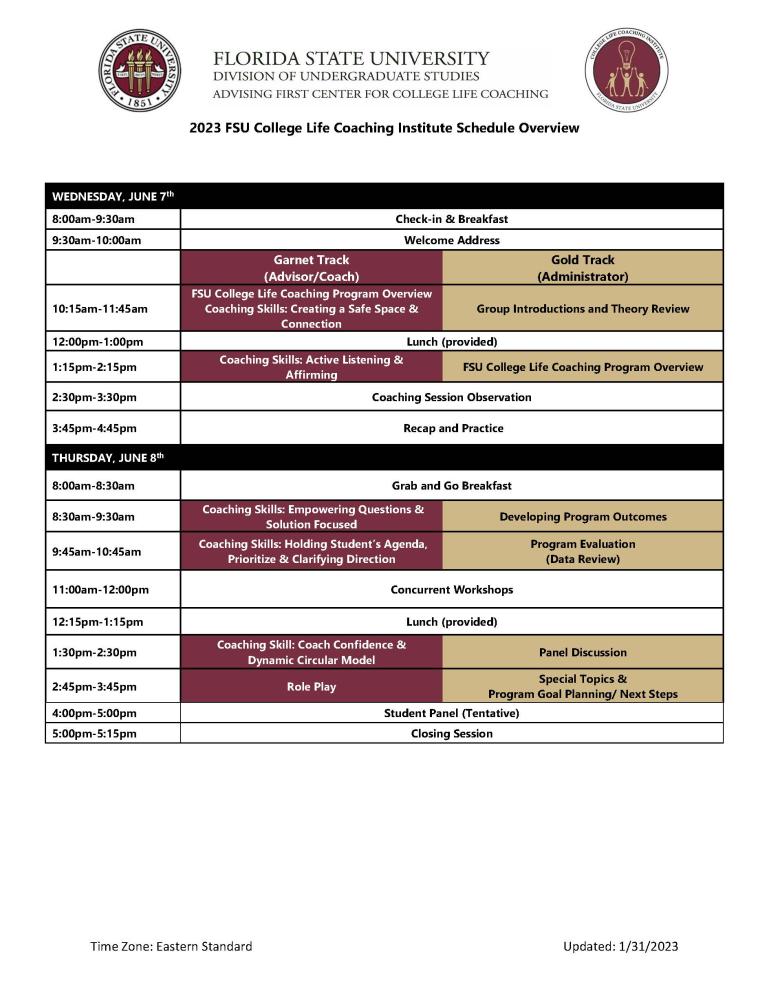 "Picture of the College Life Coaching Institute Schedule"